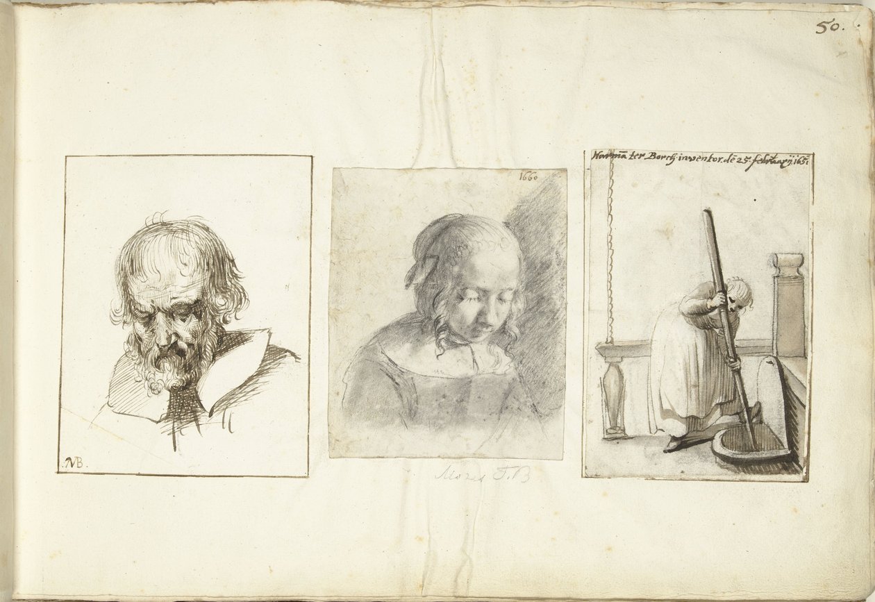 Un anciano, una niña y una mujer con un gancho de pozo. de Moses Ter Borch