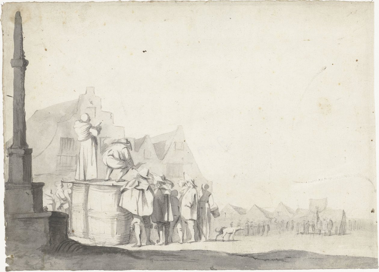 Plaza del mercado con locutor en un barril de Moses ter Borch (possibly)