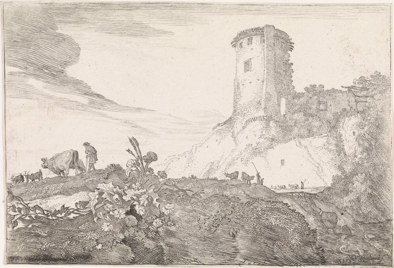 paisaje con torre redonda Paisajes arcádicos (título de la serie) de Moyses van Wtenbrouck