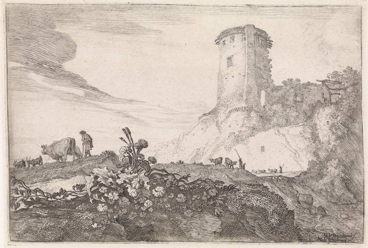 paisaje con torre redonda Paisajes arcádicos (título de la serie) de Moyses van Wtenbrouck