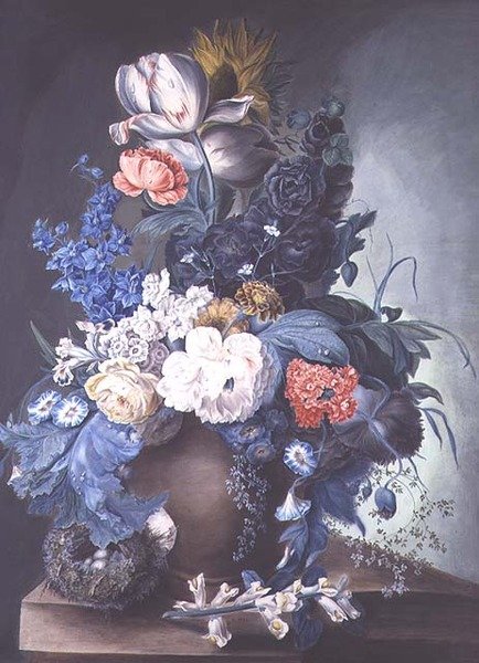 Grupo de flores en un jarrón y nido de pájaros de Mrs.Margaret Meen