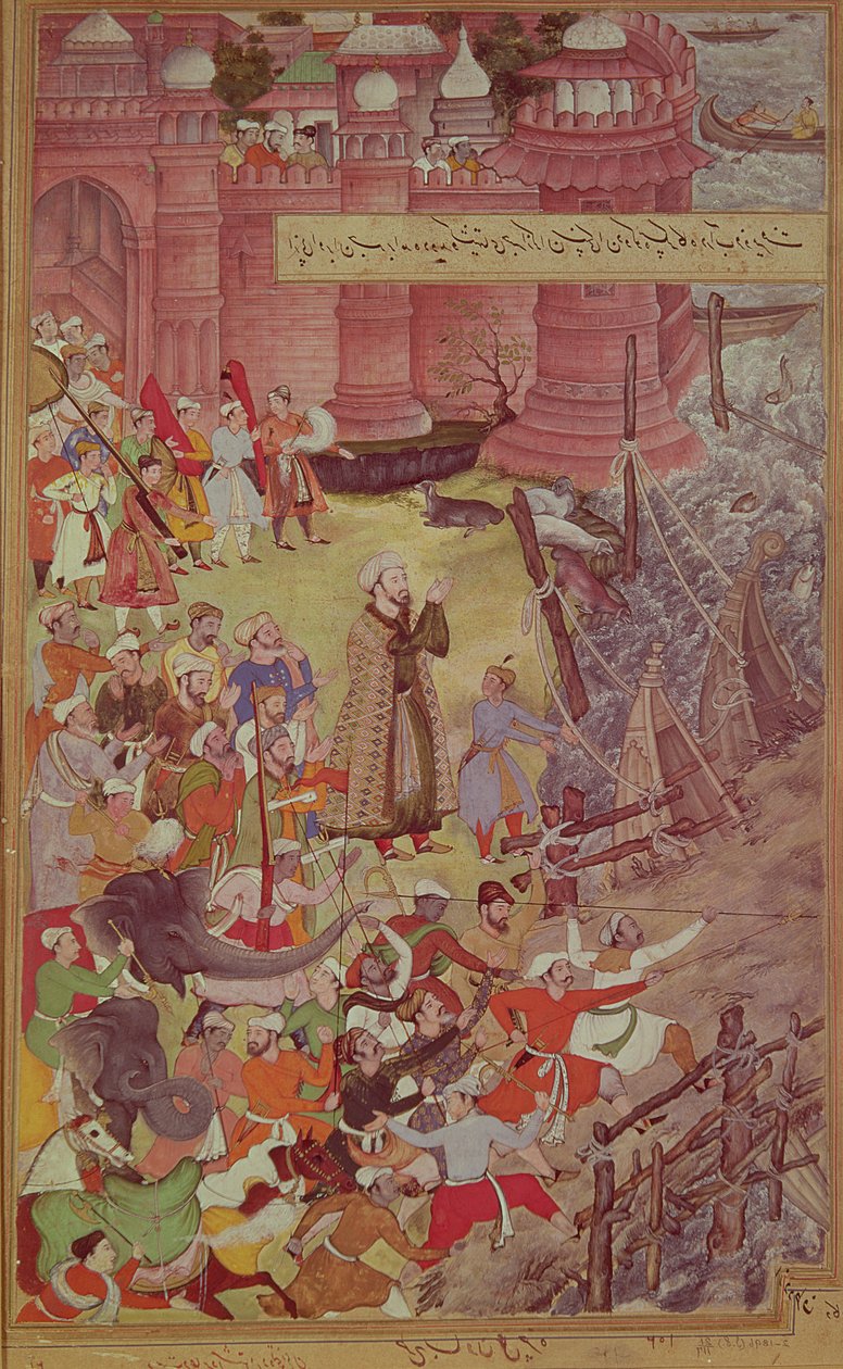 Un puente de barcos roto por Akbar en su elefante mientras cruzaba el río Jumna, del Akbarnama, c.1590 de Mughal School