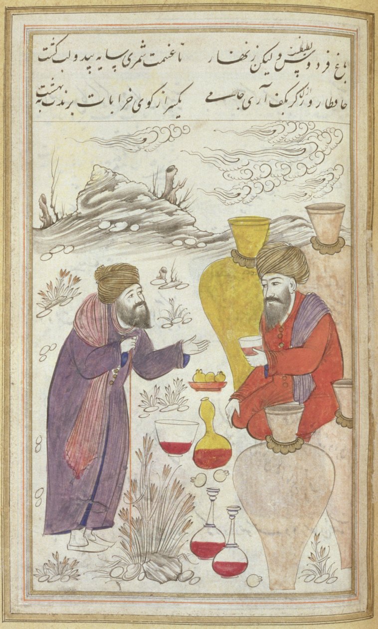 Un hombre apoyado en un bastón habla con un hombre rodeado de grandes jarras, botellas de vino frente a él, del Diván de Hafiz, c.1650 de Mughal School