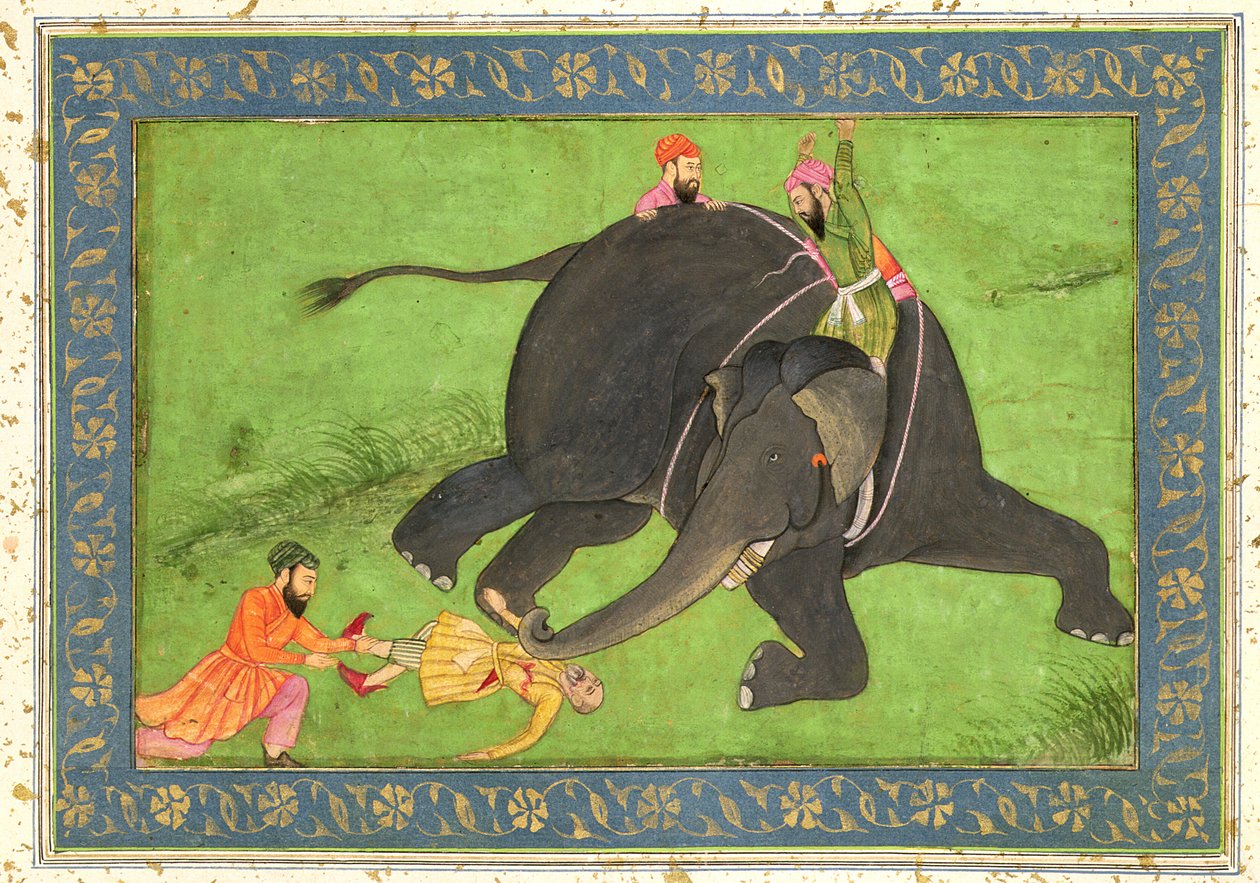 Asistentes rescatan a un hombre caído de un elefante enfurecido, del Gran Álbum Clive de Mughal School