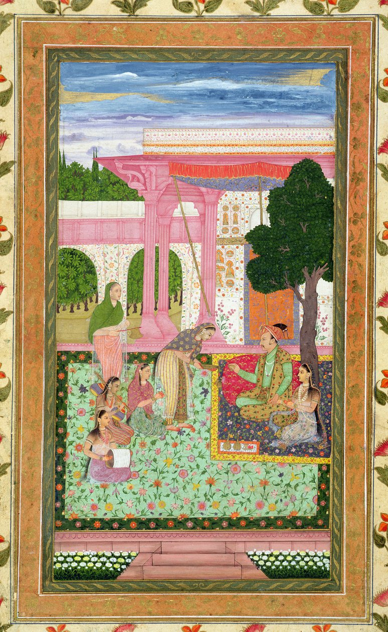 Emperador Jahangir (1569-1627) con su consorte y asistentes en un jardín, del Pequeño Álbum Clive de Mughal School