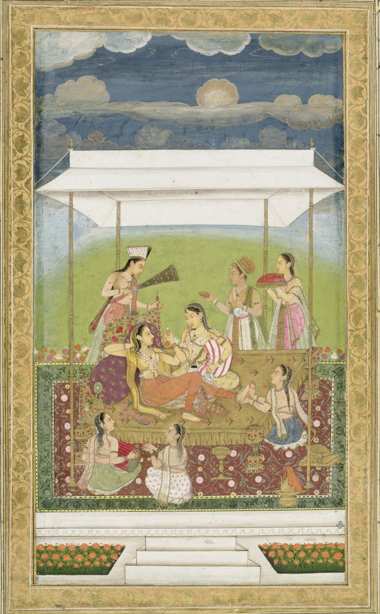 Damas escuchando música en un jardín, del Pequeño Álbum Clive de Mughal School