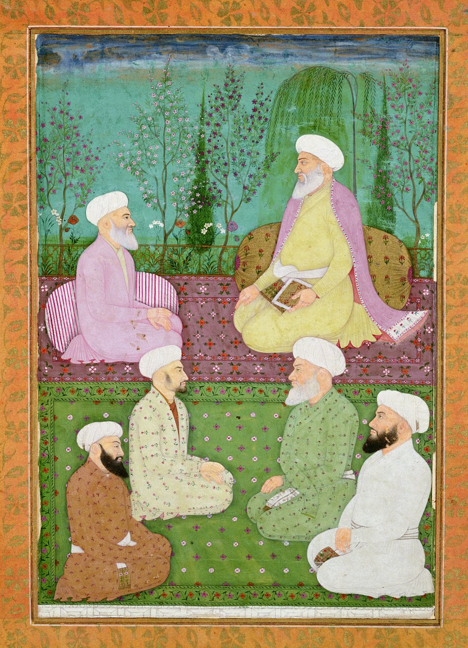 Seis hombres santos musulmanes sentados en una terraza de jardín, del Gran Álbum Clive de Mughal School