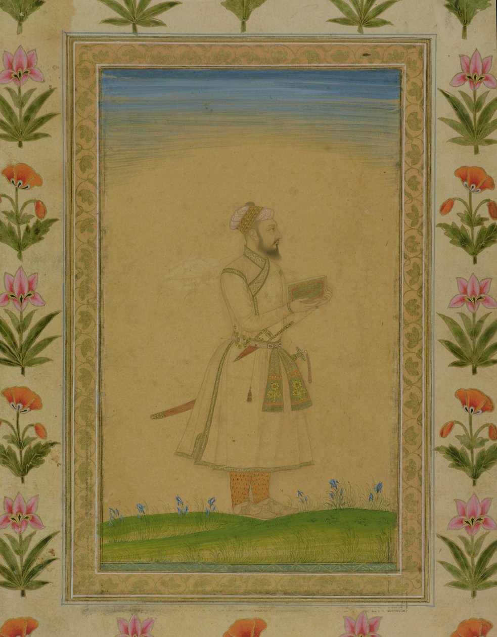 Figura de pie de un noble, sosteniendo un libro, del Pequeño Álbum Clive de Mughal School