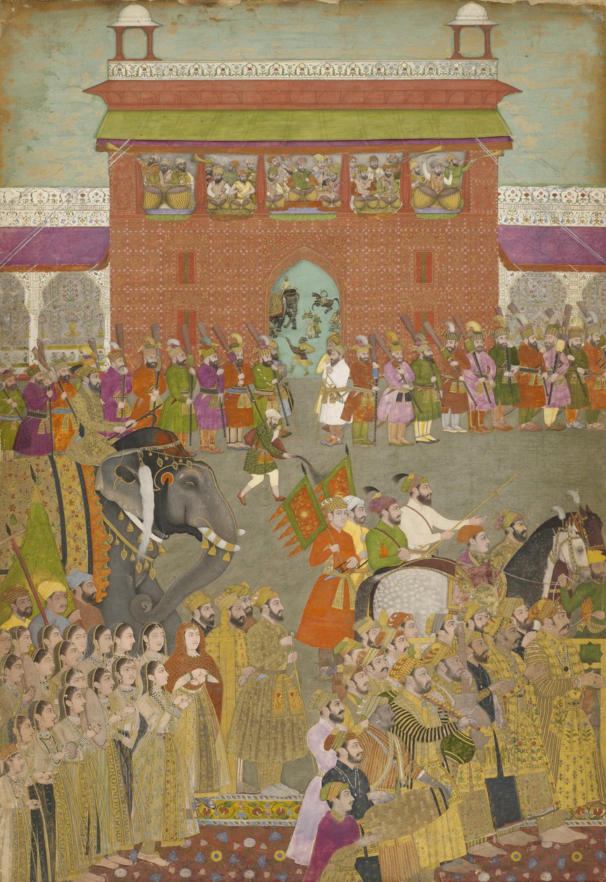 Escena de procesión con músicos, de una copia del Padshanama, período mogol de Mughal School