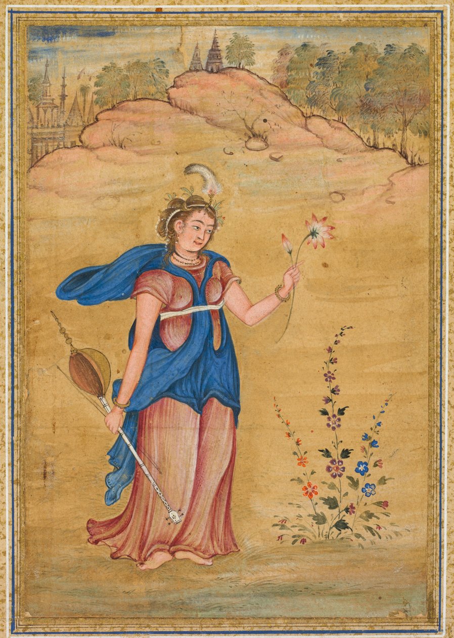 Figura femenina de pie en un paisaje sosteniendo un khuuchir de cuatro cuerdas y un loto, c.1590 (acuarela opaca con oro sobre papel). de Mughal School