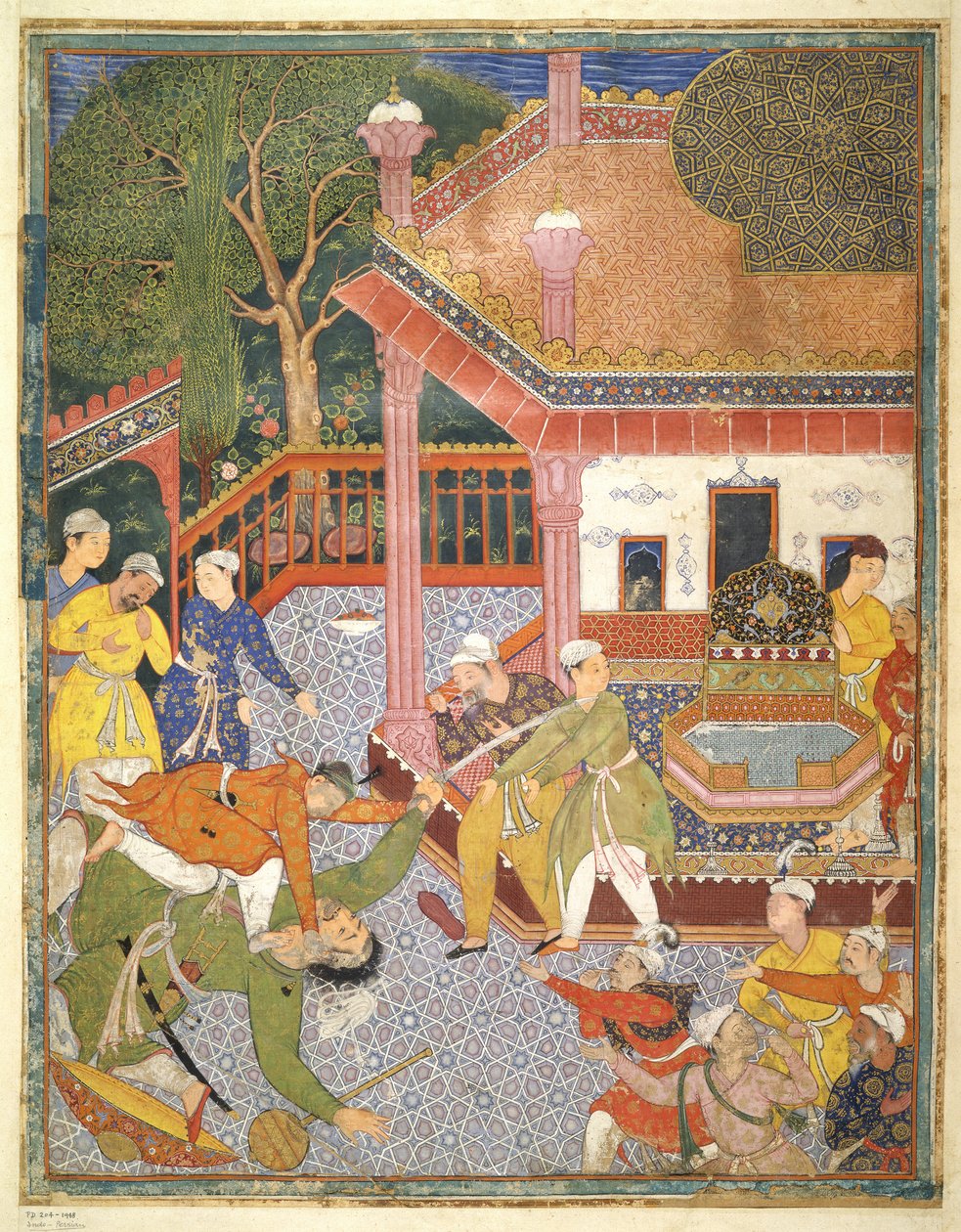 Un héroe mata a un gigante ante una multitud de espectadores en un patio, ilustración del Hamza Nama, c.1555-67 de Mughal School