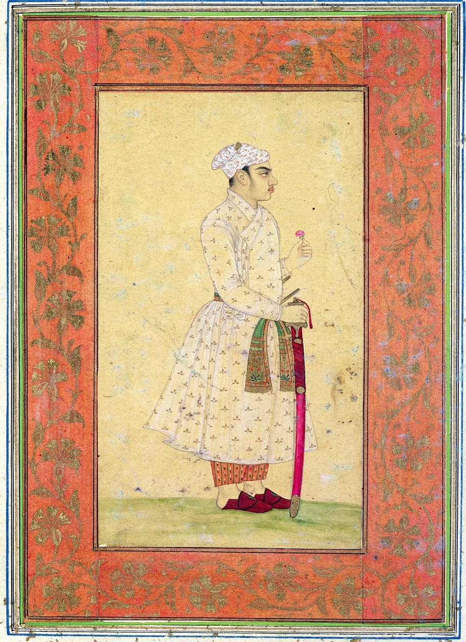 Un joven noble de la corte mogol, del Gran Álbum Clive de Mughal School