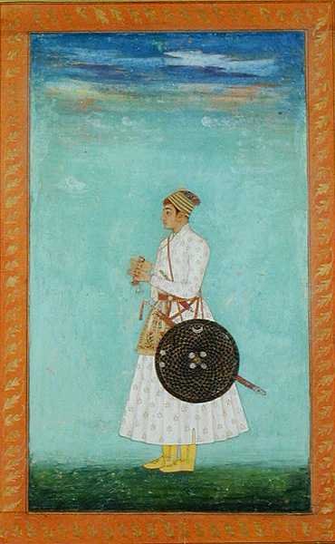 Un joven noble de la corte mogol sosteniendo un sobre de brocado sellado, del Gran Álbum Clive de Mughal School