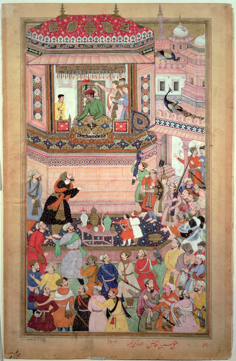 Akbar dando una audiencia, por Husays Naggash y Kesu, del "Akbarnama", mogol, c.1590 de Mughal School