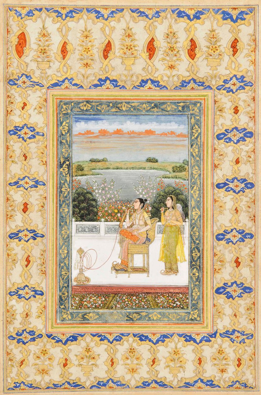 Página de álbum: Gulbadan Begum fumando en una terraza, Delhi, c.1800 de Mughal School
