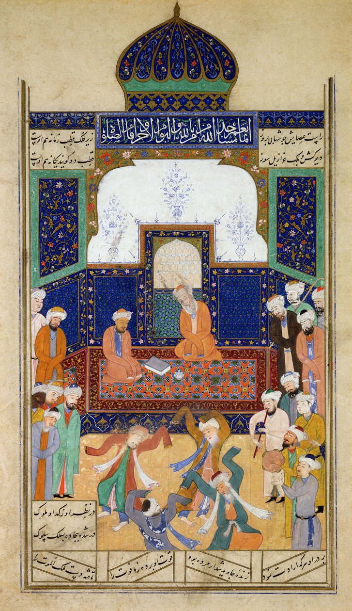 Derviches bailando al son de la música ante su Shaik y un discípulo, del Khamsah del Príncipe Khusrau, Matla al-Anvar, 1485 (890 Hijra) de Mughal School