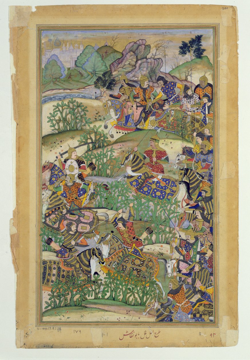El emperador Akbar en la batalla de Samal en 1572, del Akbarnama hecho por Abul Fazi, 1590-98 de Mughal School