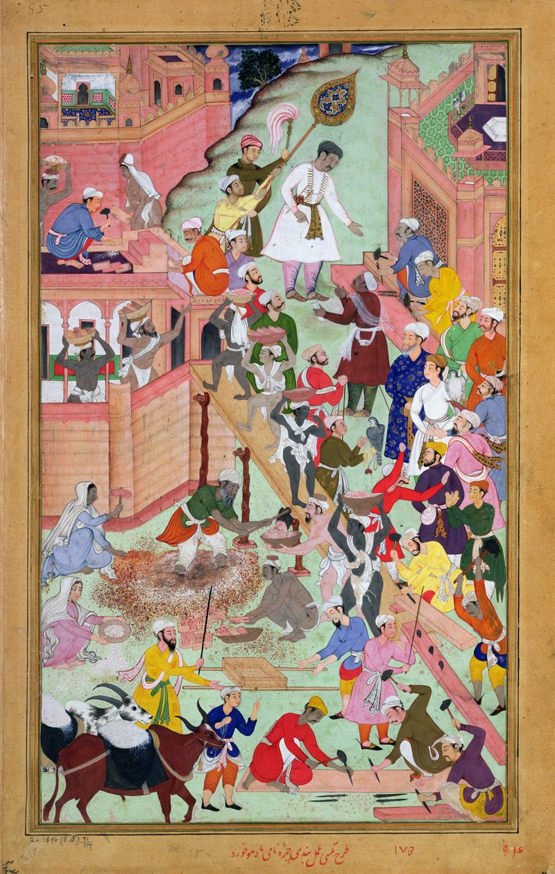 El emperador Akbar inspeccionando las obras en Fatepur Sikri, ciudad completada en 1584, del Akbarnama, 1590-98 de Mughal School