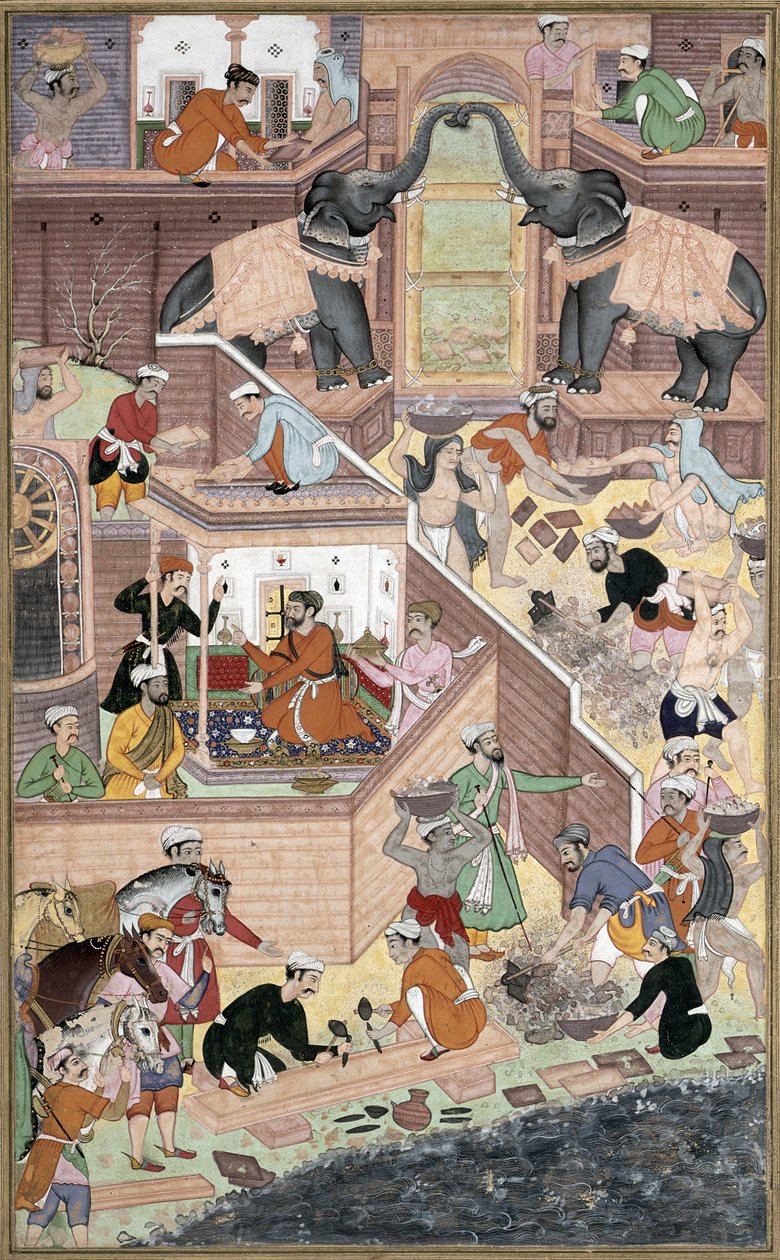 El emperador Akbar inspeccionando las obras en Fatepur Sikri, del Akbarnama hecho por Abul Fazi, 1590-98 de Mughal School