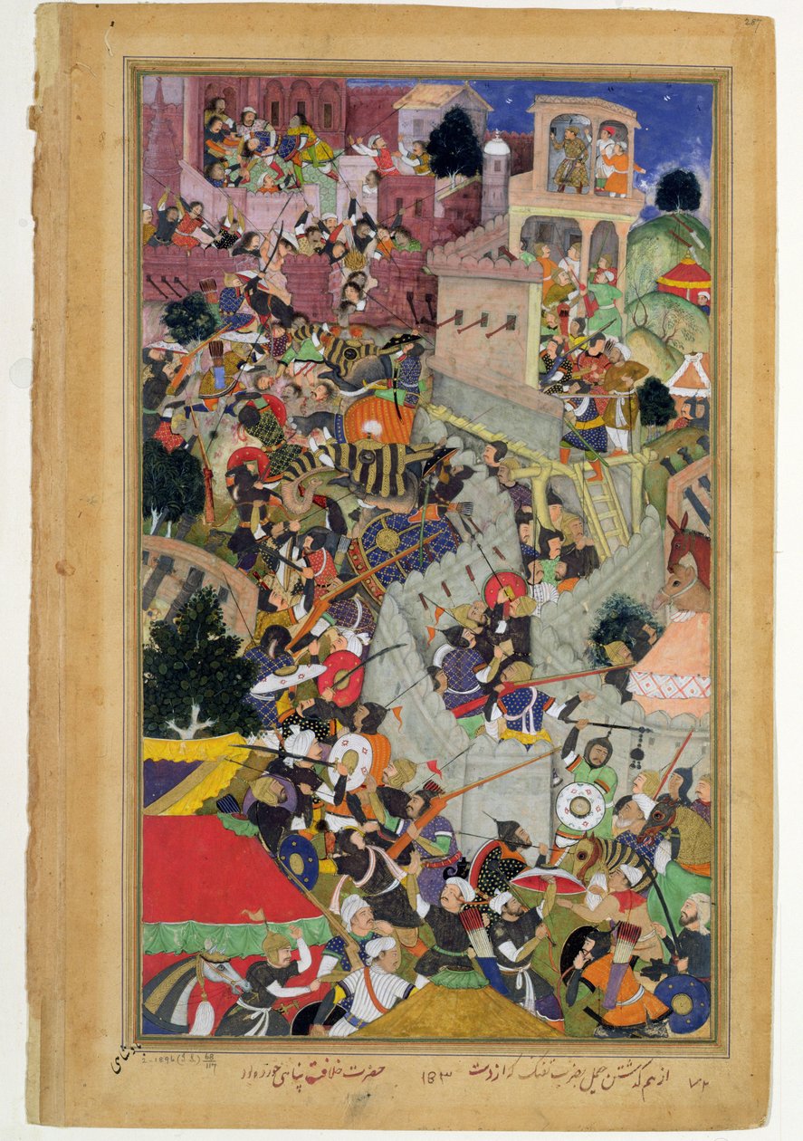 El emperador Akbar dispara a Saimal en el asedio de Chitov en 1567, del Akbarnama hecho por Abul Fazi, 1590-98 de Mughal School