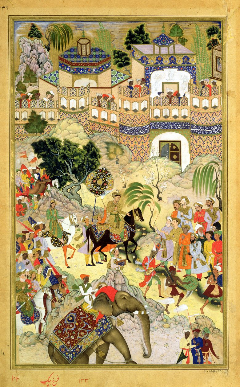 Entrada triunfal del emperador Akbar en Surat, del Akbarnama hecho por Abul Fazi (1515-1602) 1590-98 de Mughal School
