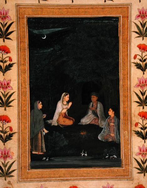 Dama visitando un ashram por la noche, del Pequeño Álbum Clive de Mughal School