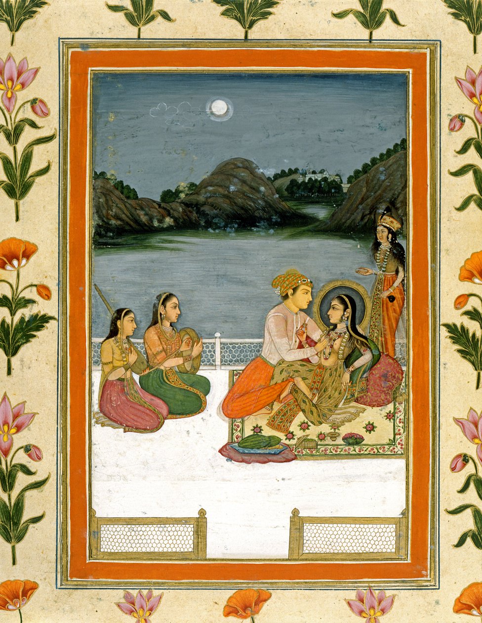 Amantes en una terraza junto a un lago iluminado por la luna, del Pequeño Álbum Clive de Mughal School