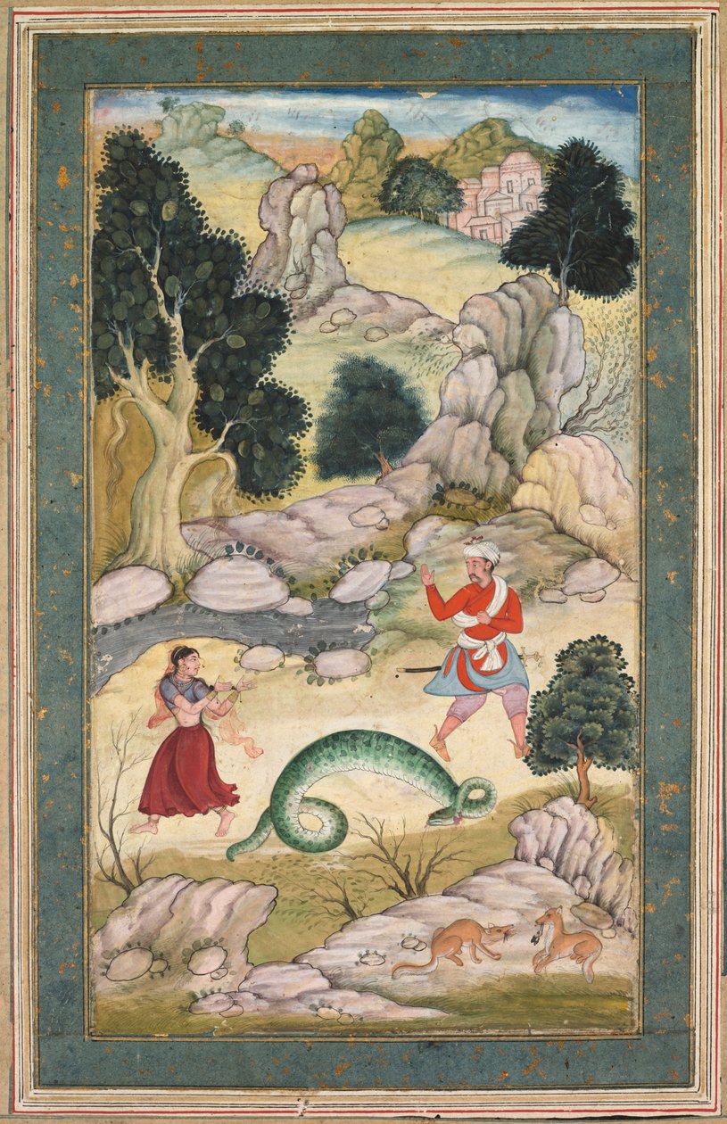 Los amantes se separan, página de un libro de fábulas, c.1590-95 (acuarela opaca con oro sobre papel) de Mughal School