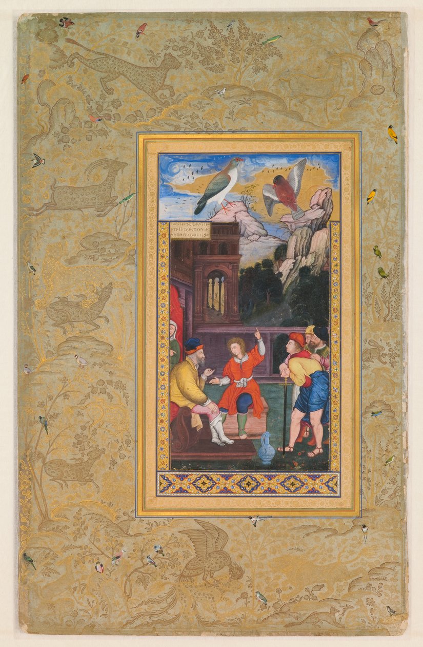 Página de un álbum hecho para Jahangir, verso: José contando su sueño a su padre, anverso caligrafía primera mitad del siglo XVI; verso imagen c.1590; álbum c.1608-19 (acuarela, oro y tinta sobre papel). de Mughal School