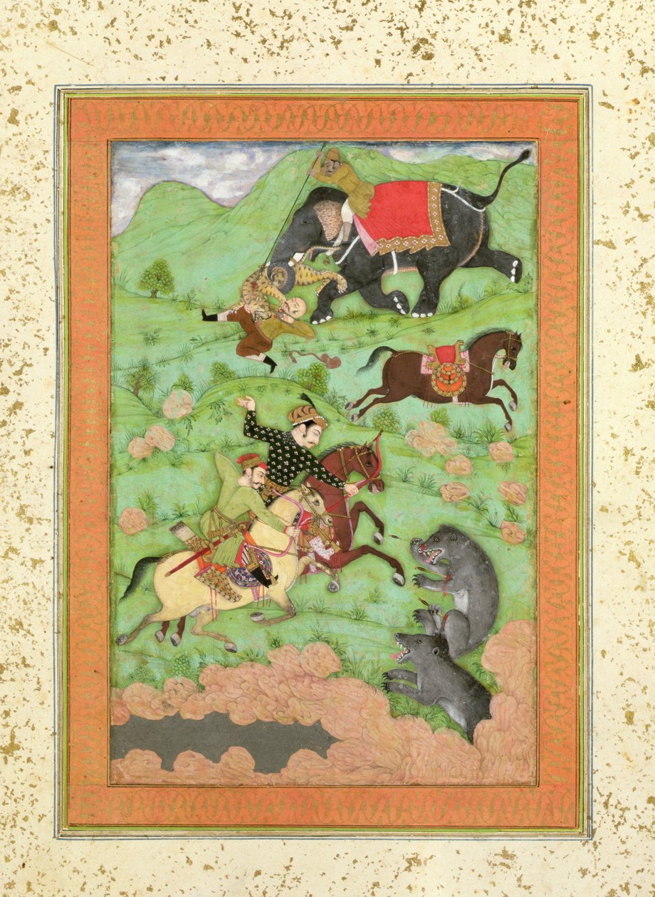 Príncipes rajput cazando osos; un mahout y su elefante rescatan a un jinete caído de un tigre, del Gran Álbum Clive de Mughal School