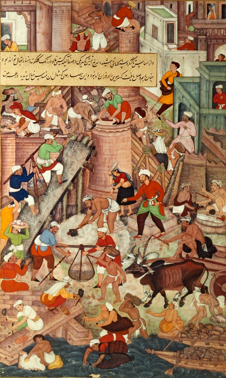 El Fuerte Rojo de Agra durante su construcción, del "Akbarnama", Mughal de Mughal School