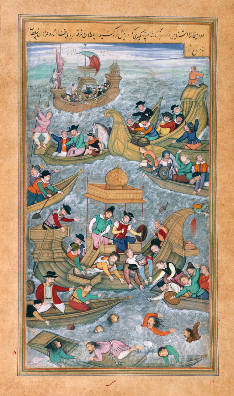 Sultan Bahadur y Rumi Khan saltando al mar cuando están rodeados de barcos portugueses, desde Akbarnama de Mughal School