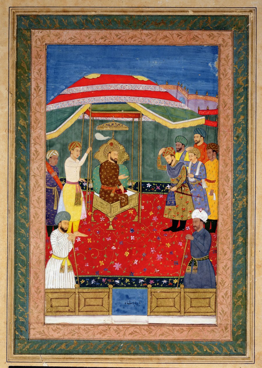 El emperador mogol Babur (1526-1530) sentado en un trono recibiendo a un príncipe, Johnson Album I, n.º 3 numerado 65 de Mughal School