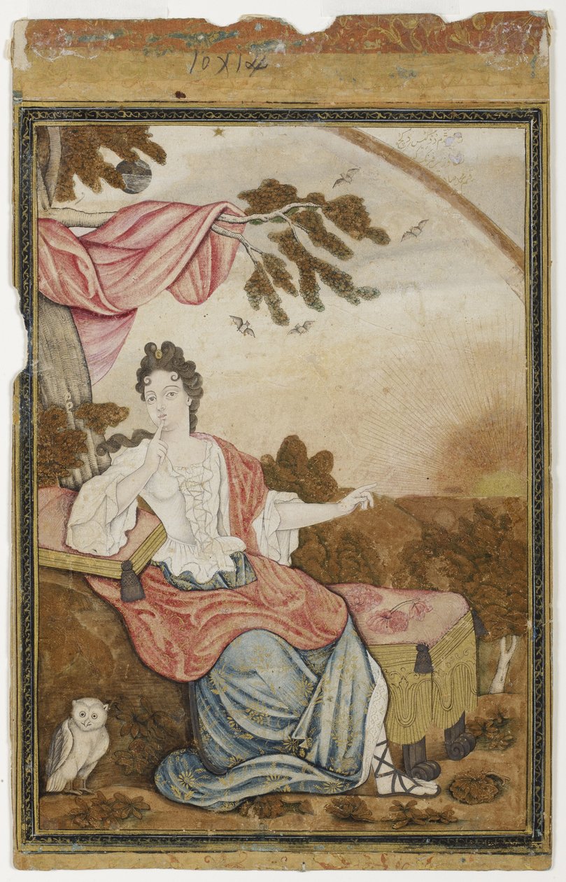 Una mujer europea sentada bajo una rama, con un búho, 1700-32 de Muhammad Sadiq