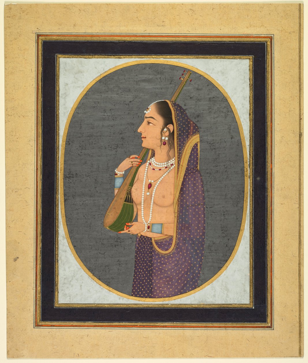 Dama de la corte cantando y tocando la vina, c. 1760 (acuarela opaca, tinta y oro sobre papel) de Muhammad Riza i Hindi