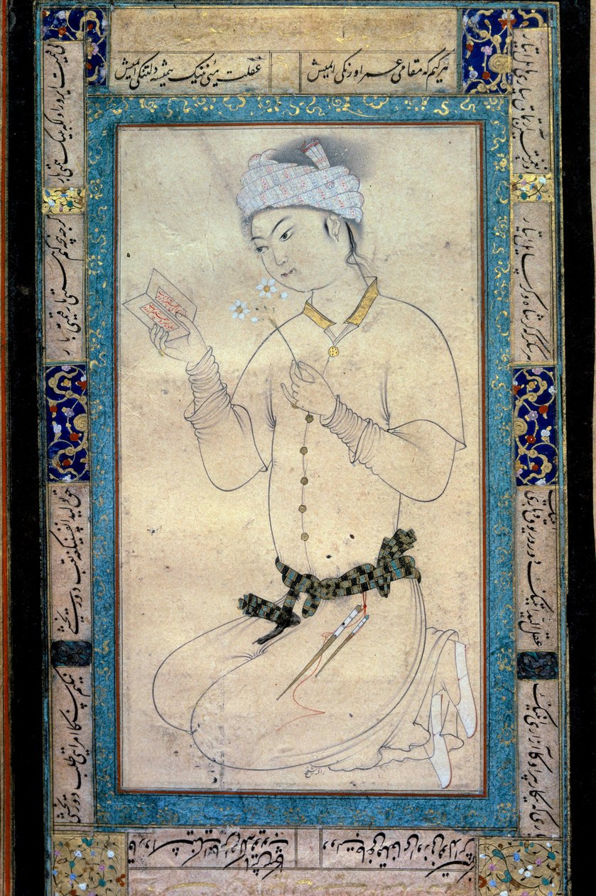Un joven con libros y narcisos. Miniatura persa en gouache de Muhammad Shaykh de Muhammad Shaykh