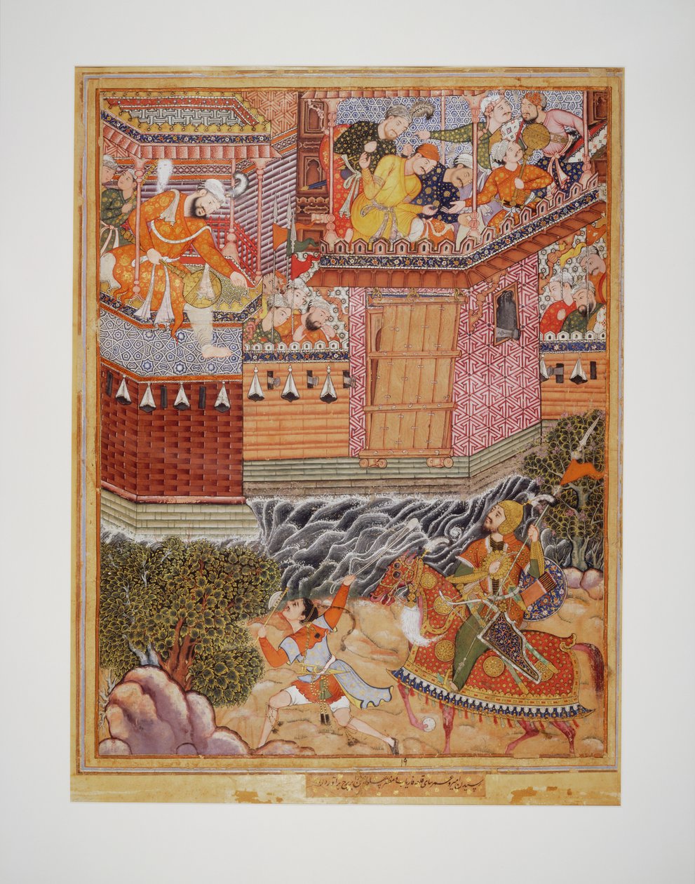 Hamza y Umar intercambian insultos con
Ghazanfar y le desafían a combatir
fuera de la fortaleza de Armanus, c.1570 (Acuarela opaca, tinta y oro sobre tela
con soporte de papel) de Mukhlis & Madhva Khurd