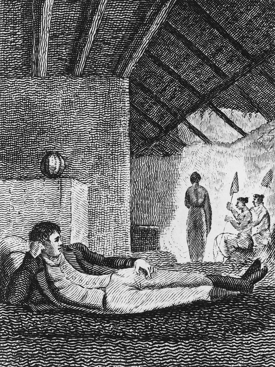 Park descansando en una cabaña nativa durante sus viajes, 1816 de Mungo Park