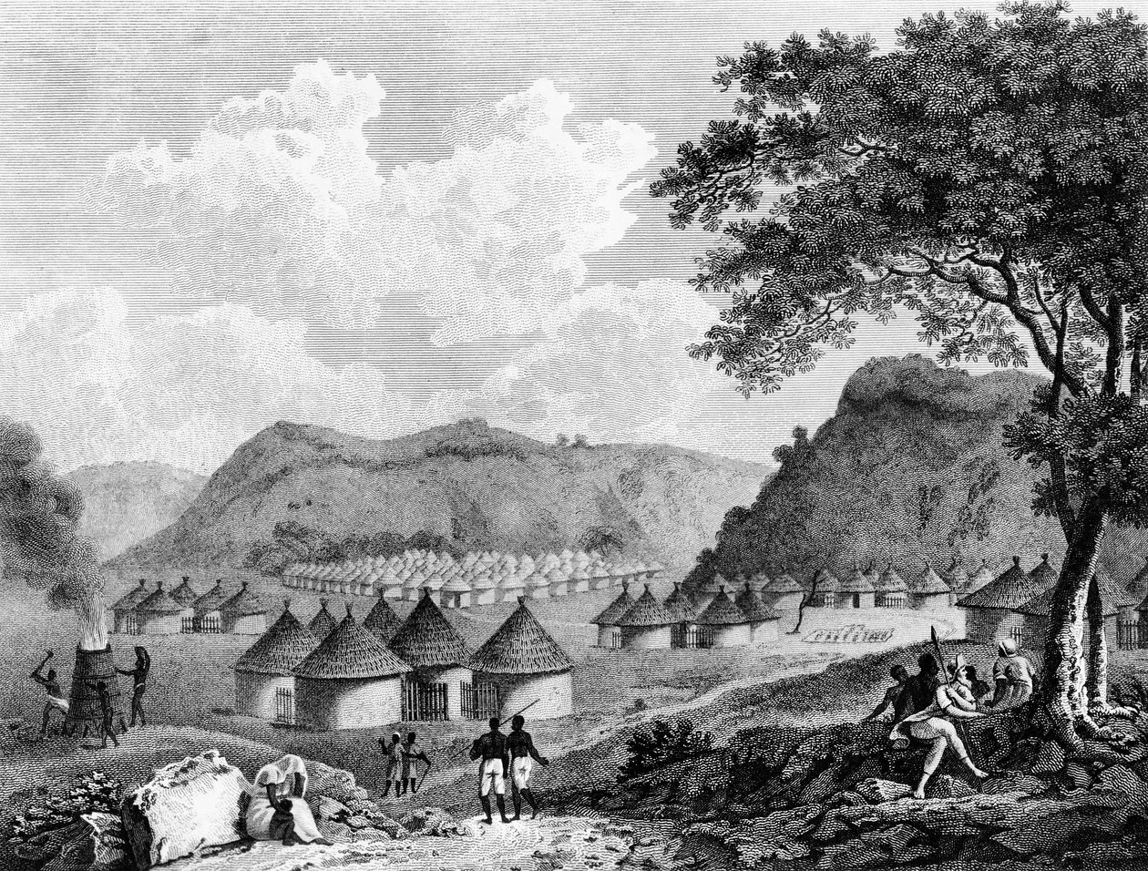 Vista del pueblo de Kamalia de Viajes en los distritos interiores de África, 1799 de Mungo Park