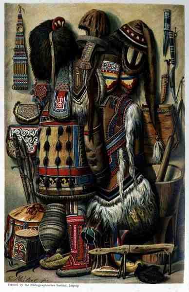 Instrumentos, Vasijas y Vestimenta de Razas del Norte, de La Historia de la Humanidad por el Prof. Friedrich Ratzel, pub. en 1904 de Mutzel