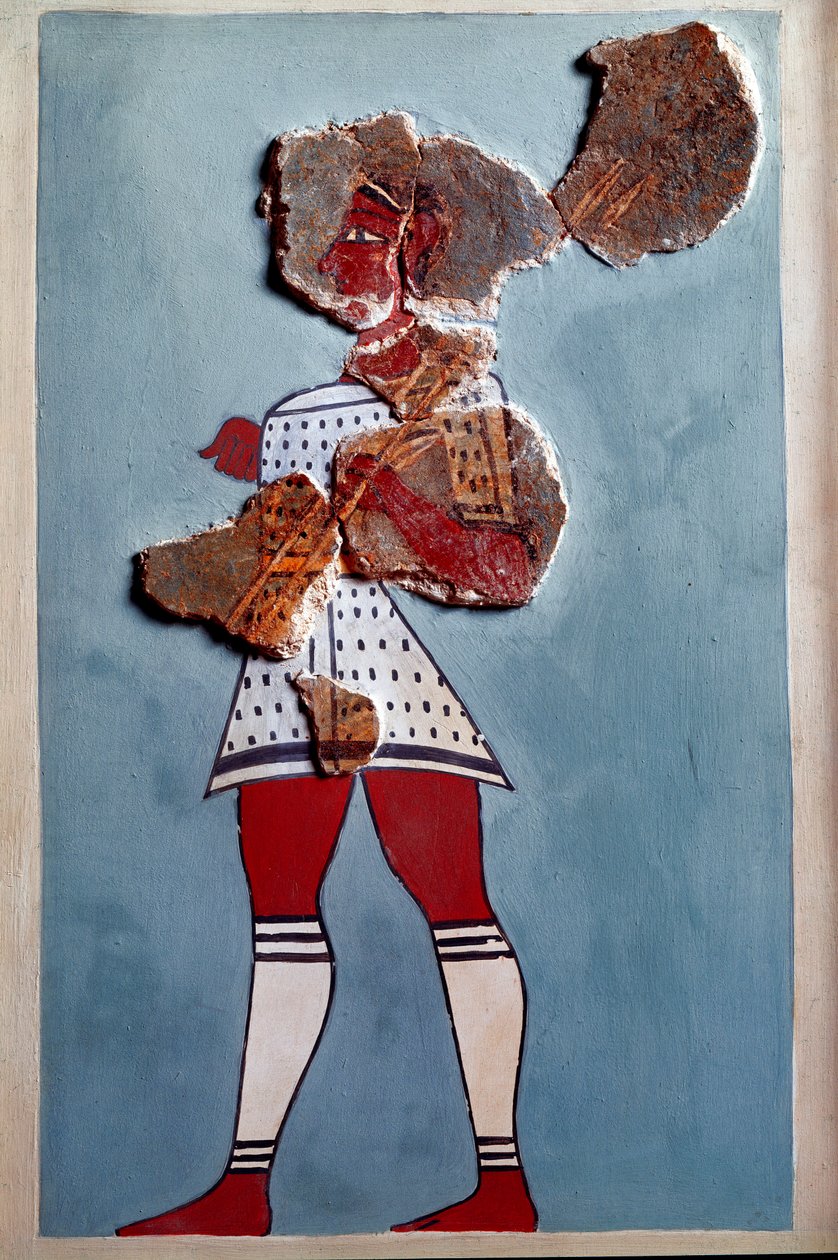 Arte micénico: guerrero. Fragmento de fresco del palacio de Tirinto y reconstrucción de Mycenaean