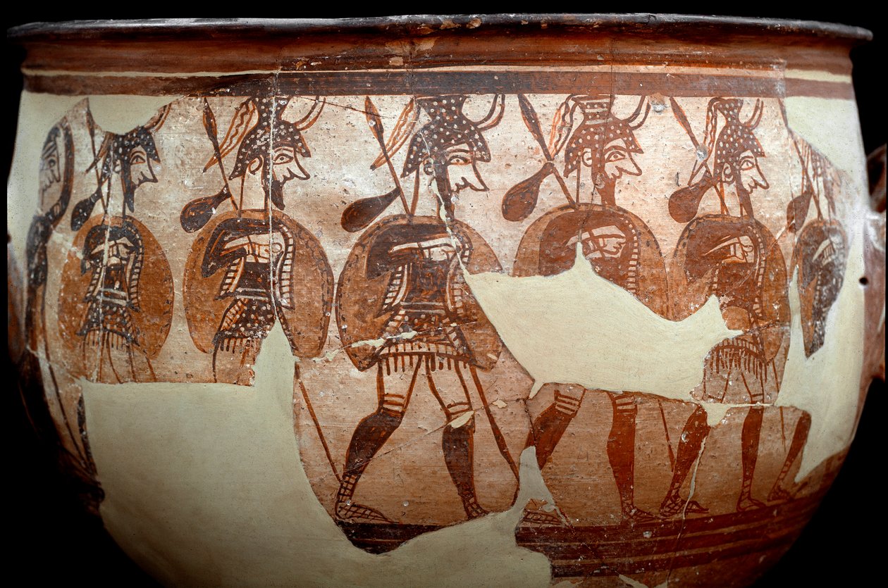 Civilización micénica: crátera llamada los Guerreros. Del círculo de tumbas A en Micenas. Siglo XII a.C. de Mycenaean Mycenaean