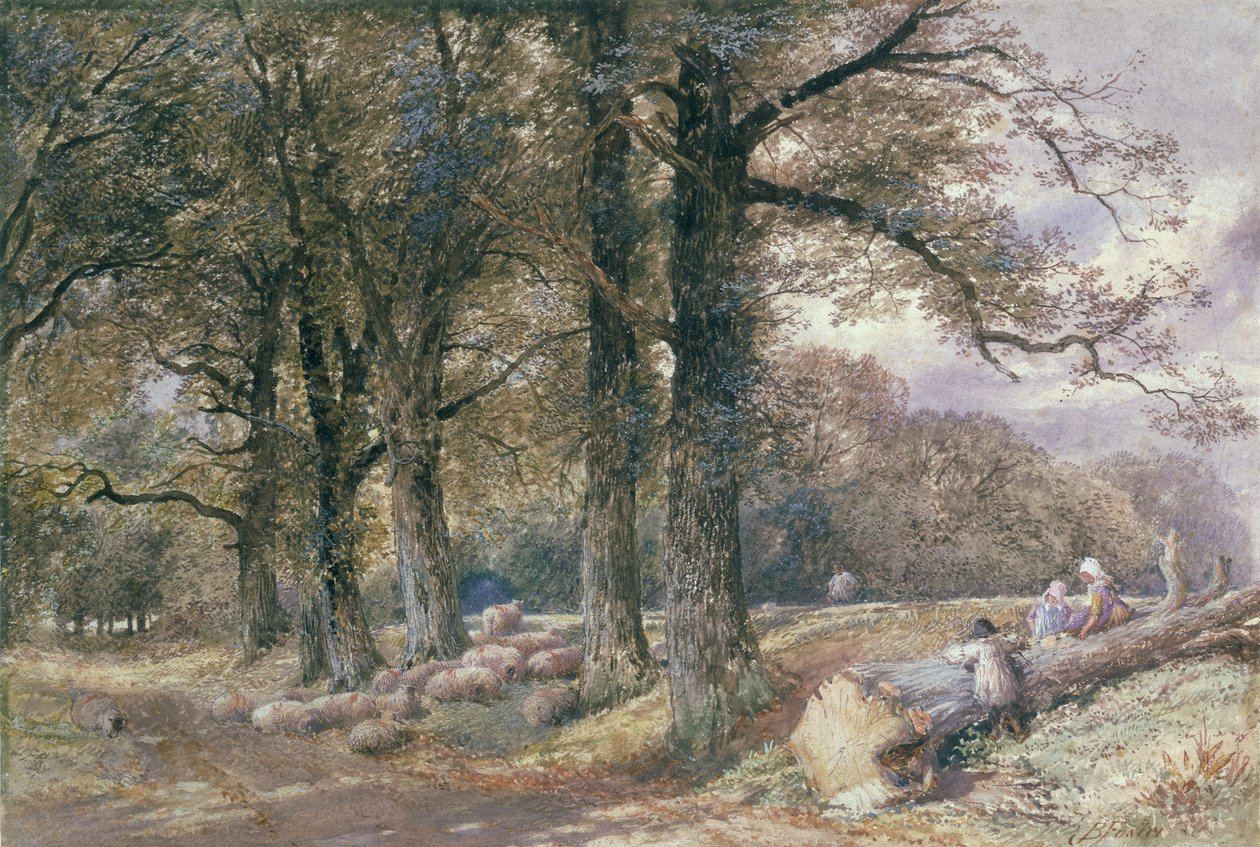 Niños sentados en un tronco de árbol de Myles Birket Foster