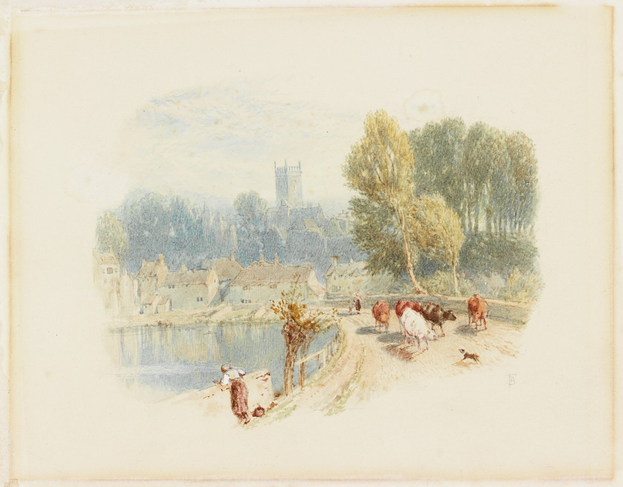 Escena de río con iglesia de Myles Birket Foster