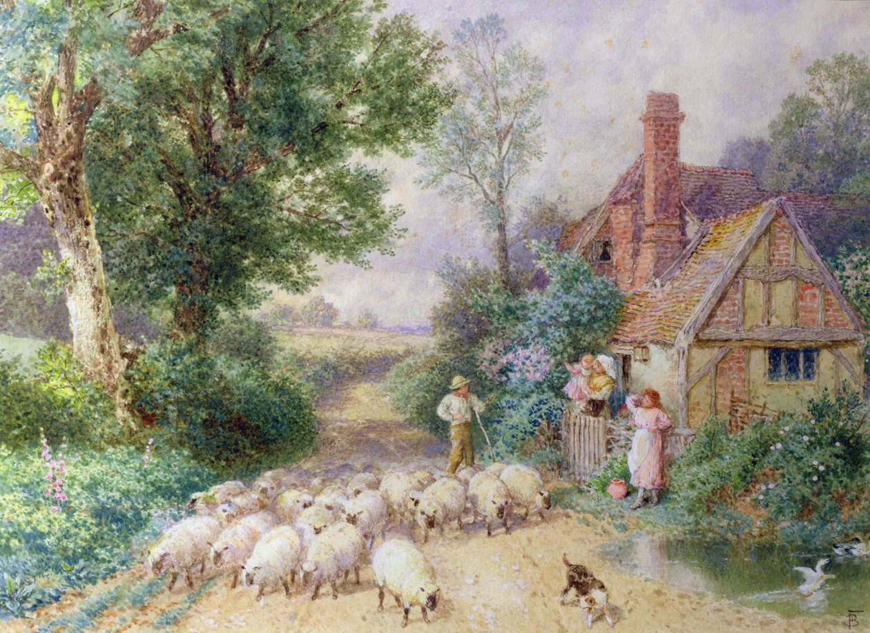 Pastor y su rebaño pasando por una casa de campo de Myles Birket Foster