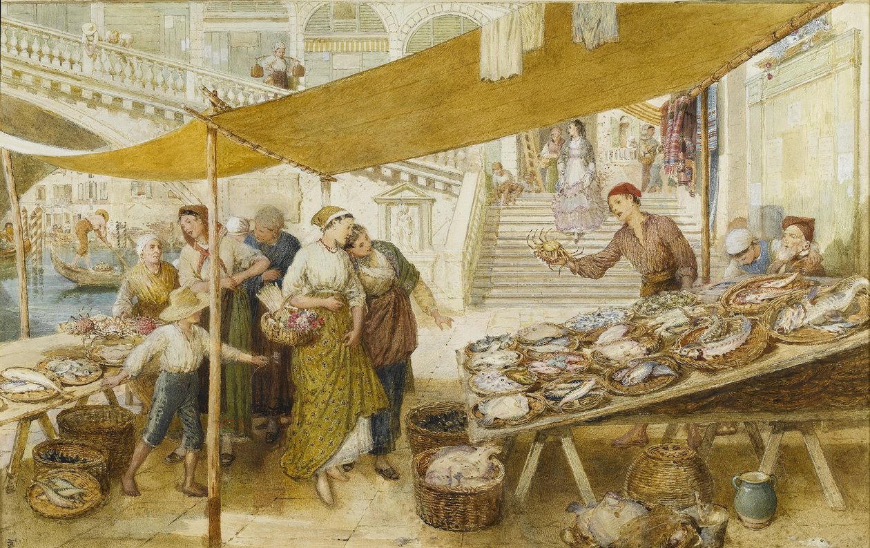 El mercado de pescado en los escalones del Puente de Rialto de Myles Birket Foster
