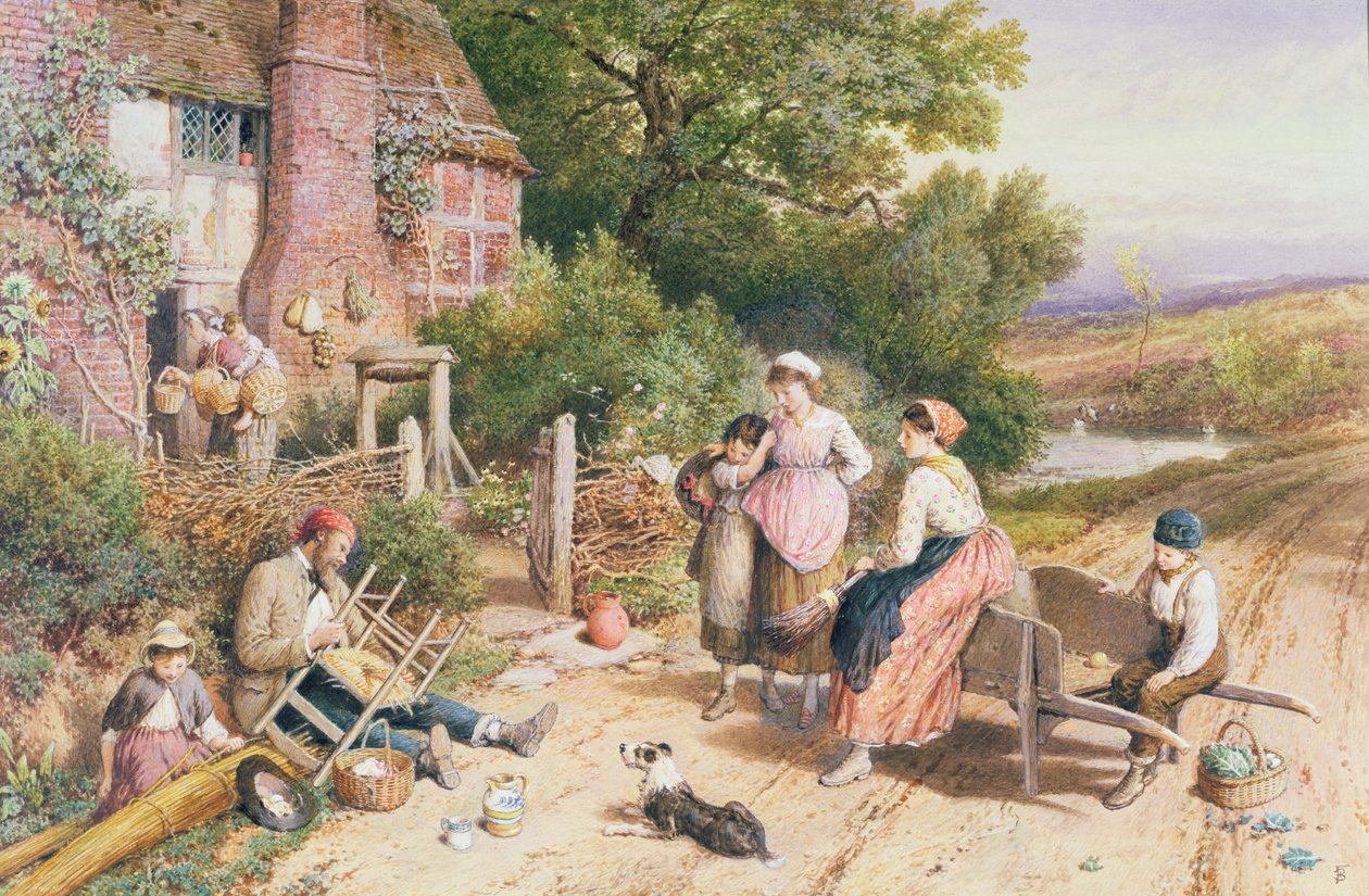 Reparador de sillas y vendedor ambulante con cestas cerca de Witley, Surrey de Myles Birket Foster