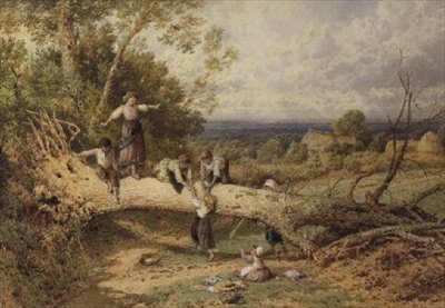 Niños jugando en un árbol caído de Myles Birket Foster