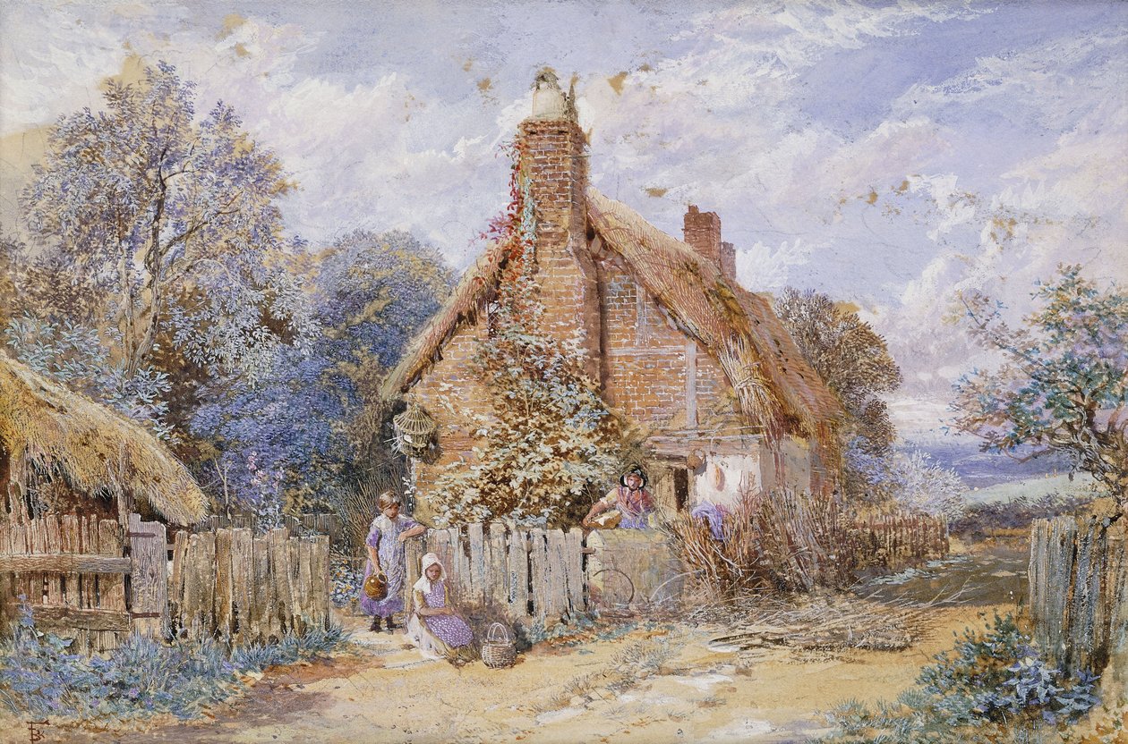 Niños junto a una cabaña con techo de paja en Chiddingfold de Myles Birket Foster