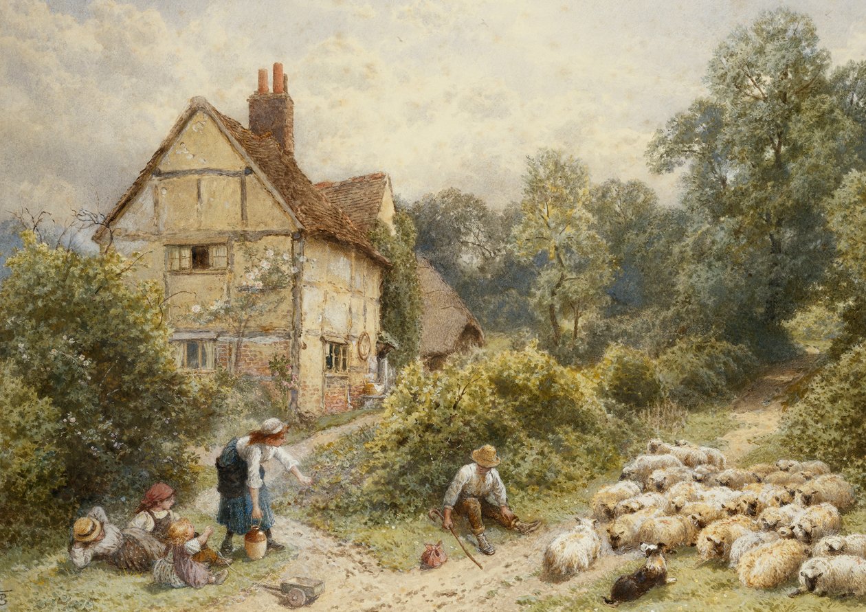 Granja Fowl House, Witley, con niños, un pastor y un rebaño de ovejas cerca de Myles Birket Foster